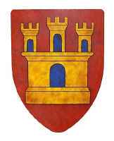 Medeival battle shield with castle image on red background